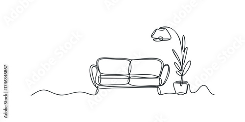Minimalist continuous line drawing of sofa and plant