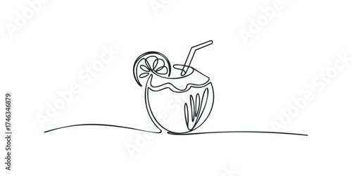 Line drawing of a coconut drink with lemon slice and straw