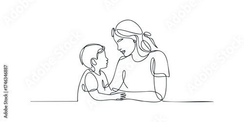 Mother and child embrace in continuous line drawing