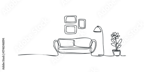 Minimalist Line Drawing of Sofa with Lamp and Potted Plant