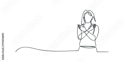 Line art of a woman embracing herself in a thoughtful pose
