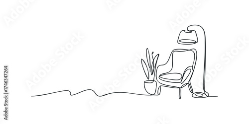 Minimalist line drawing of armchair and floor lamp