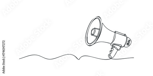 Minimalist line drawing of a megaphone on white