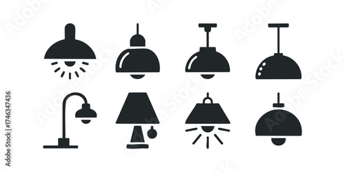 Collection of eight stylized lamp icons for lighting.