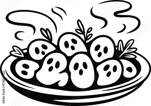 Vector art of spooky ghost shaped food on plate.