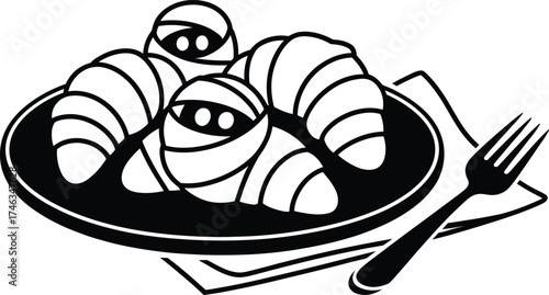 Vector art of mummy croissants on a plate.
