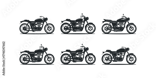 Six vintage motorcycle silhouettes displayed side by side