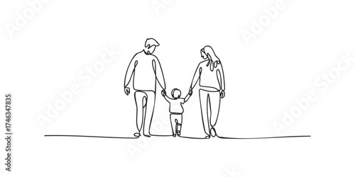 Family of three walking holding hands