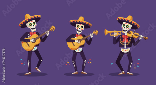 Three joyful skeleton musicians, playing traditional instruments, bring a festive spirit to life in this dynamic flat design illustration. 