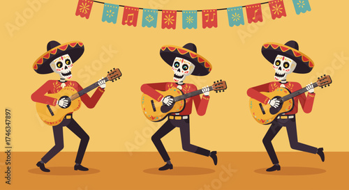 Three joyful skeleton musicians, playing traditional instruments, bring a festive spirit to life in this dynamic flat design illustration. 