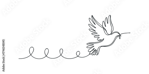 Single line drawing of dove with olive branch
