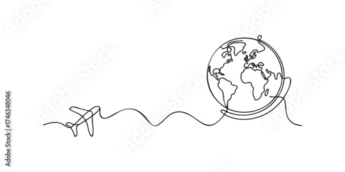 Airplane flight path around the globe illustration