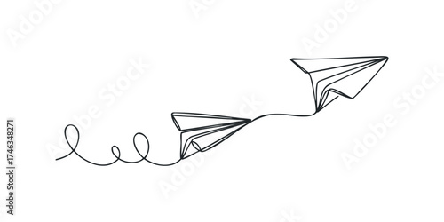 Single line drawing of paper airplane with trailing loop