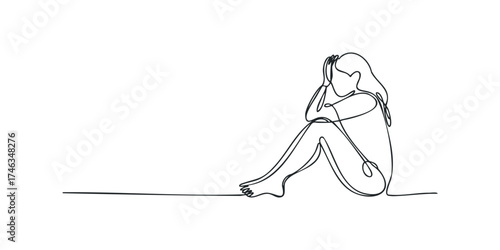 Single line drawing of a woman sitting with her head in hands