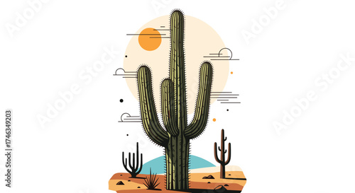 A tall saguaro cactus stands prominently in a stylized desert landscape with a warm sun and scattered clouds.