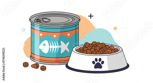 Illustration of a canned pet food product next to a bowl of kibble.