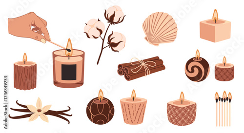 Collection of aromatic candles and decorative elements for cozy ambiance.