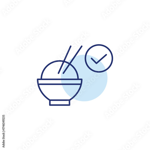 Rice, chopsticks and checkmark. Verified meal, safe delivery, order approved. Asian food takeaway. Pixel perfect, editable stroke vector icon