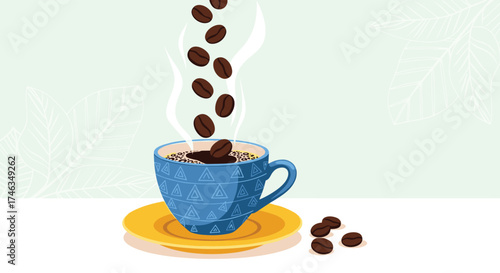 Hot coffee beans falling into a blue mug on a yellow saucer.
