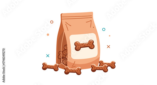 A bag of crunchy dog treats shaped like bones with some scattered around.