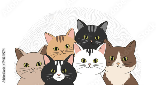 A charming gathering of adorable cats with expressive faces looking forward.