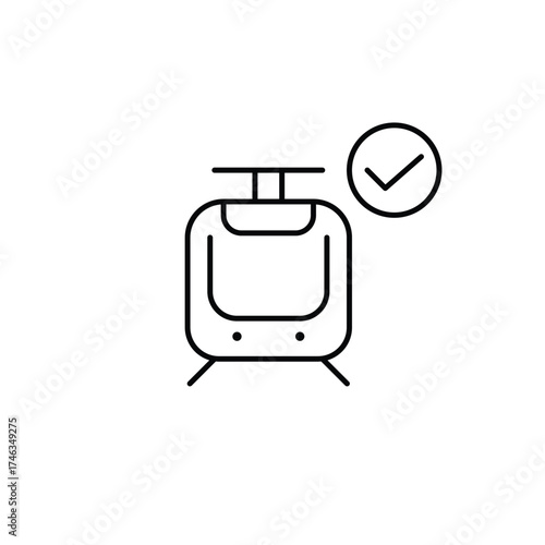 Tram and checkmark. Certified commute, approved transit. Pixel perfect, editable stroke vector icon