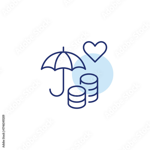 Umbrella, stack of coins and heart. Financial protection, trusted investments. Pixel perfect, editable stroke vector icon