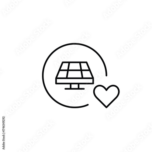 Solar panel in circle and heart. Sustainable energy, green living, earth and environment care. Pixel perfect, editable stroke vector icon