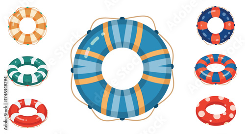 Colorful inflatable swimming rings for water activities and summer fun.