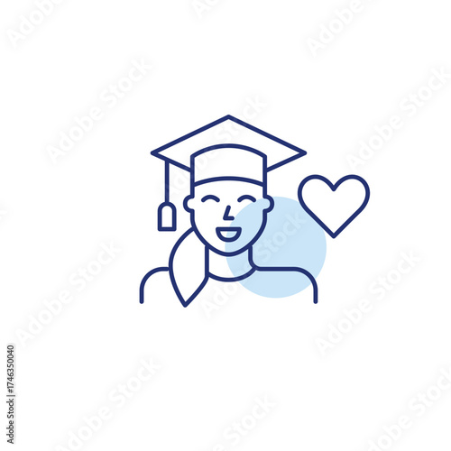 Woman in graduation cap and heart. Academic achievements, love for learning, education with passion. Pixel perfect, editable stroke vector icon
