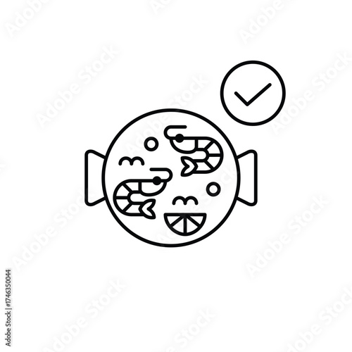 Shrimp paella and checkmark. Verified meal, safe delivery, order approved. Pixel perfect, editable stroke vector icon