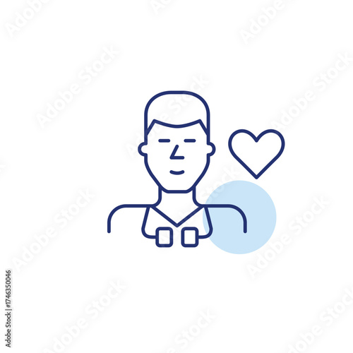 Male doctor wearing stethoscope and heart symbol. Medical excellence, trusted healthcare. Pixel perfect, editable stroke vector icon