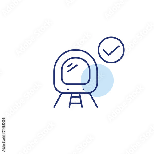 Subway train on rails and checkmark. Certified commute, approved transit. Pixel perfect, editable stroke vector icon