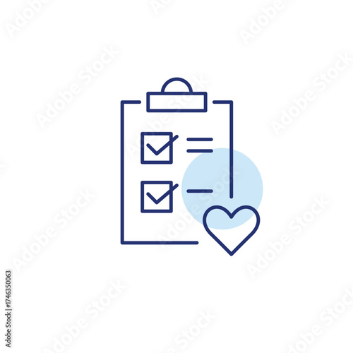 Clipboard with checklist and heart. Quality assurance, task management. Pixel perfect, editable stroke vector icon