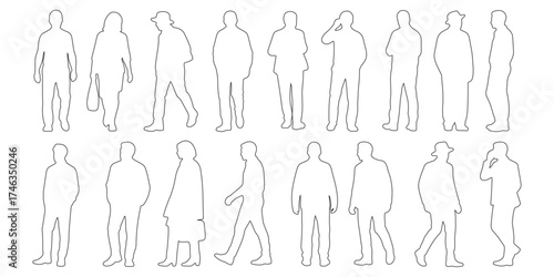 CAD Drawings. Outline Set people isolated on white background. Sitting, walking, etc. side, back and front view. Vector illustration.