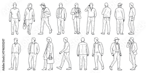 CAD Drawings. Set people outlines isolated on white background. Sitting, walking, etc. side, back and front view. Vector illustration.