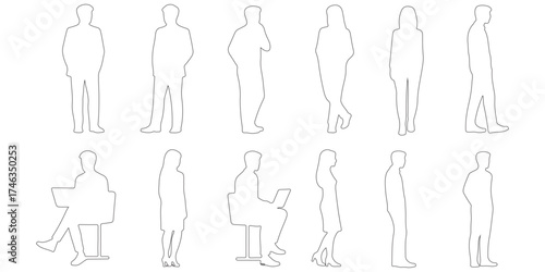 CAD Drawings. Outline Set people isolated on white background. Standing, sitting, etc.Front, Side and back view Vector illustration.