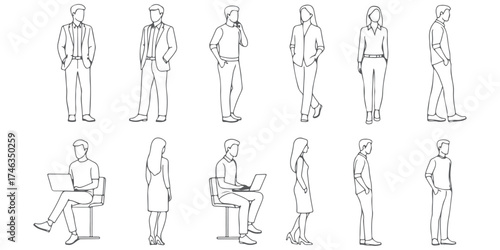 CAD Drawings. Set people outlines isolated on white background. Standing, sitting, etc.Front, Side and back view Vector illustration.