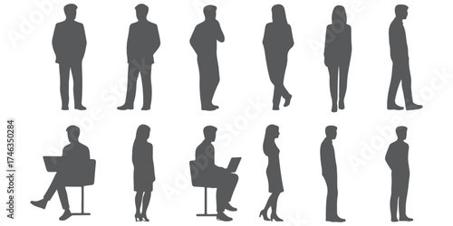 CAD Drawings.Silhouette Set people outlines isolated on white background. Standing, sitting, etc.Front, Side and back view Vector illustration.