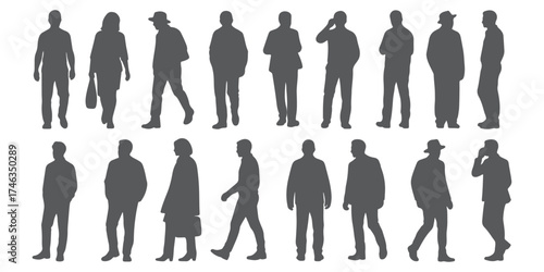 CAD Drawings.Silhouette Set people outlines isolated on white background. Sitting, walking, etc. side, back and front view. Vector illustration.
