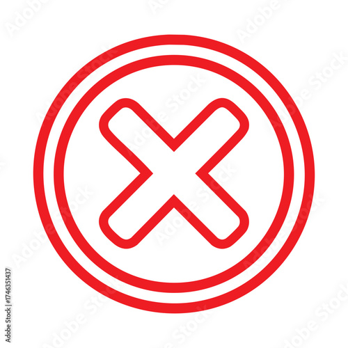 Minimalist red "X" symbol inside double red circles on a white background. Clean design representing error, close, or cancel concepts, ideal for warnings, alerts, or modern graphic design projects.
