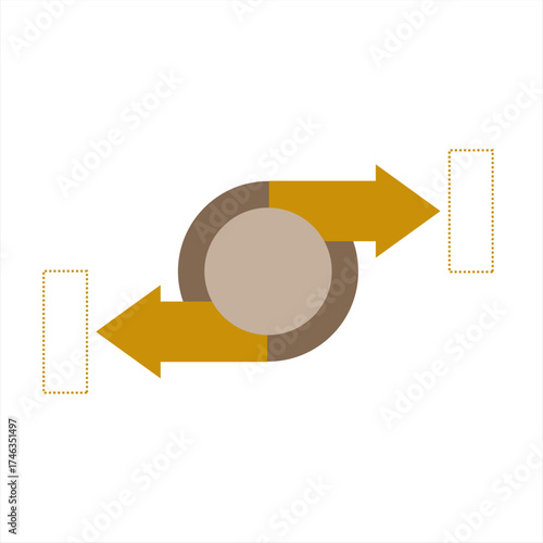Infographic featuring circular center with arrows on both sides, representing exchange, rotation, or process balance.