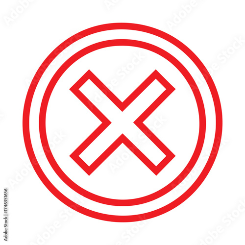 Minimalist red "X" symbol inside double red circles on a white background. Clean design representing error, close, or cancel concepts, ideal for warnings, alerts, or modern graphic design projects.