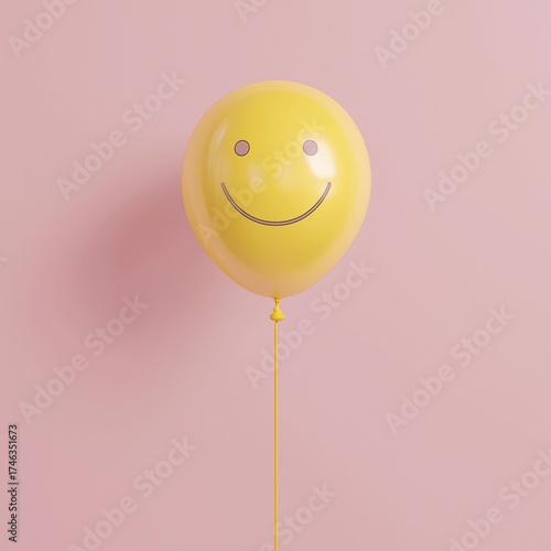 Yellow balloon with smiley face on pastel pink background, playful minimal design.