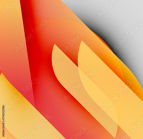 Abstract composition. Warm colors dominate, featuring orange, red, yellow gradients. Shapes overlap creating dynamic visual effect. Smooth transitions present.