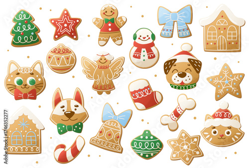 Set of sweet glazed Christmas cookies. Homemade gingerbread cookies for gifting. Festive winter decorated baked goods. Christmas dessert. Gingerbread cookies in the shape of cats and dogs