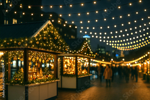 Festive outdoor Christmas market scene at night with glowing string lights and decorated stalls, creating a cozy winter holiday atmosphere.