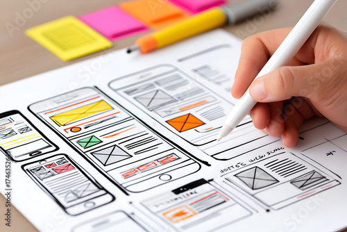 Sketching Mobile App Design with Pen on Paper for UX Planning, motion blur Business concept, motion bokeh background