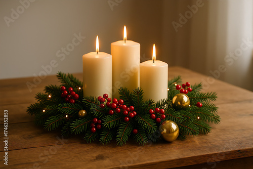 Stylish Christmas table centerpiece featuring candles, pine garland, gold ornaments, and berries with soft natural daylight. Ideal for holiday dining inspiration and seasonal celebrations.