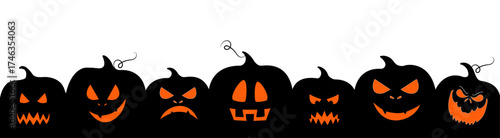 Halloween pumpkin seamless banner. Spooky squash lanterns silhouettes, scary jack-o-lanterns halloween.